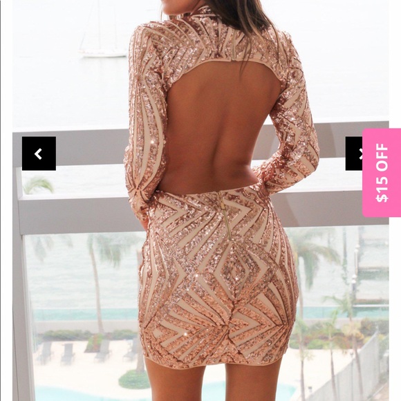 Rose Gold Sequin Long Sleeve Dress w Open Back - Picture 7 of 9